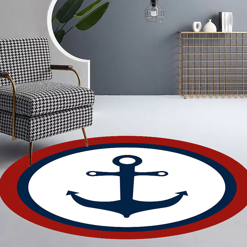 Einzigartiger Navigationsmuster-Teppich mit Schiff und Anker Blau und Weiß Kinderteppich Polyester Waschbar Haustierfreundlicher Anti-Rutsch-Teppich für das Kinderzimmer