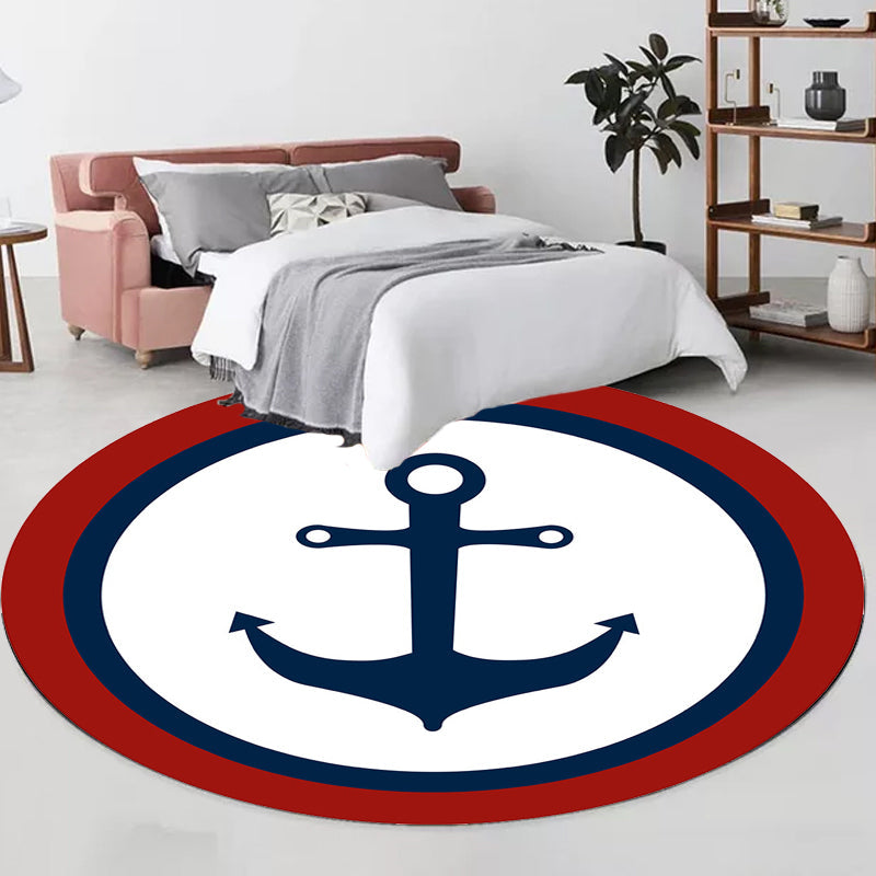 Einzigartiger Navigationsmuster-Teppich mit Schiff und Anker Blau und Weiß Kinderteppich Polyester Waschbar Haustierfreundlicher Anti-Rutsch-Teppich für das Kinderzimmer