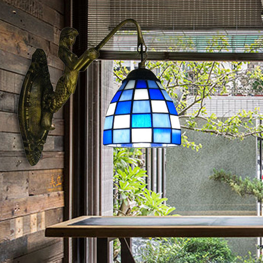 Frendorf | 1 Hoofdelement Wandlamp Tiffany Rasterpatroon Blauw/Groen Glas Wandlamp voor Gang