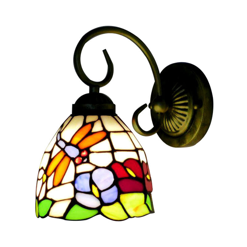 Frendorf | Rustieke Libelle Wandlamp met Gebogen Arm 1 Lichts Gekleurd Glas Wandverlichting in Messing