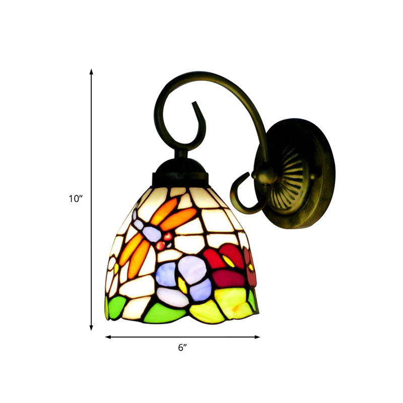 Frendorf | Rustieke Libelle Wandlamp met Gebogen Arm 1 Lichts Gekleurd Glas Wandverlichting in Messing