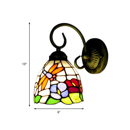 Frendorf | Rustieke Libelle Wandlamp met Gebogen Arm 1 Lichts Gekleurd Glas Wandverlichting in Messing