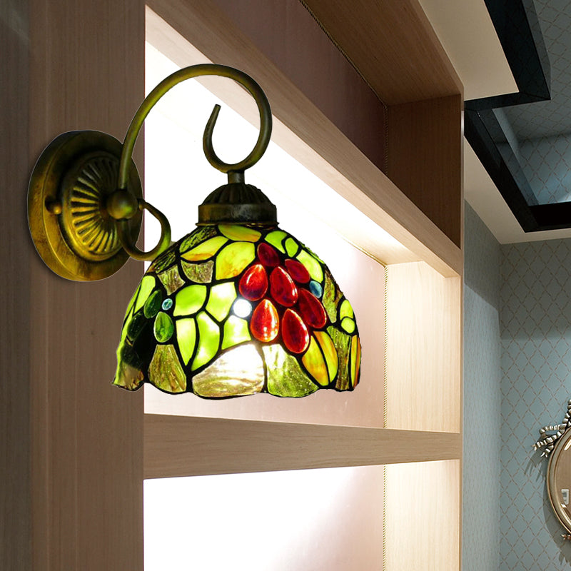Frendorf | Lichtgroene Glazen Koepel Wandlamp Fixture Tiffany 1 Kop Antiek Brons Wandlamp met Boog/Gebogen Arm