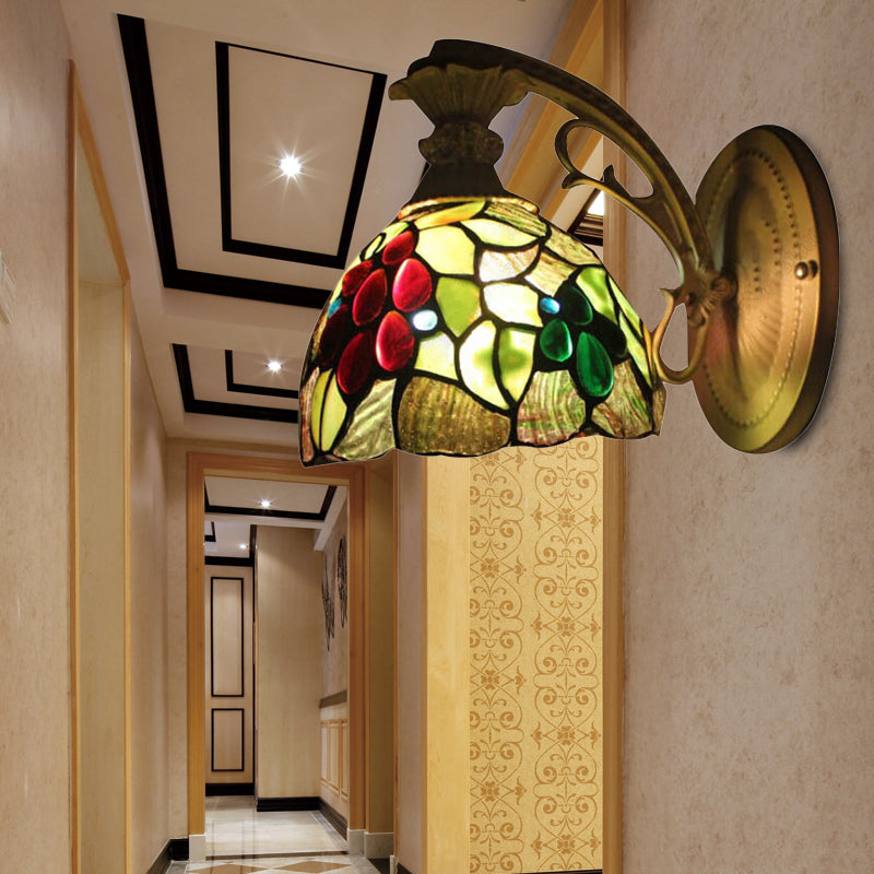 Frendorf | Lichtgroene Glazen Koepel Wandlamp Fixture Tiffany 1 Kop Antiek Brons Wandlamp met Boog/Gebogen Arm
