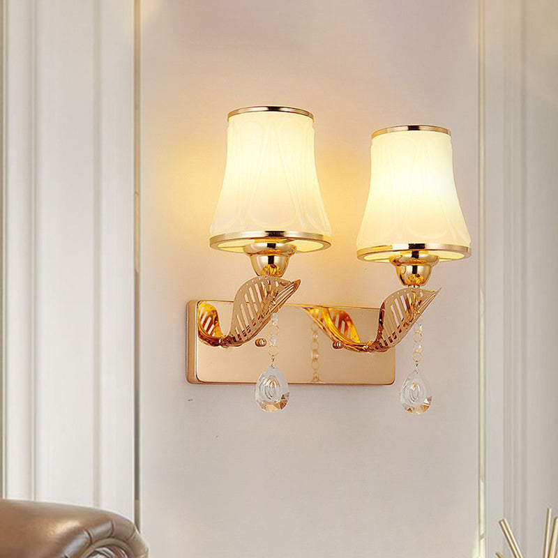 Frendorf | Bell Wandmontage Licht Modernistisch Opalglas 2-Kop Gouden Wandverlichting met Kristal Drop