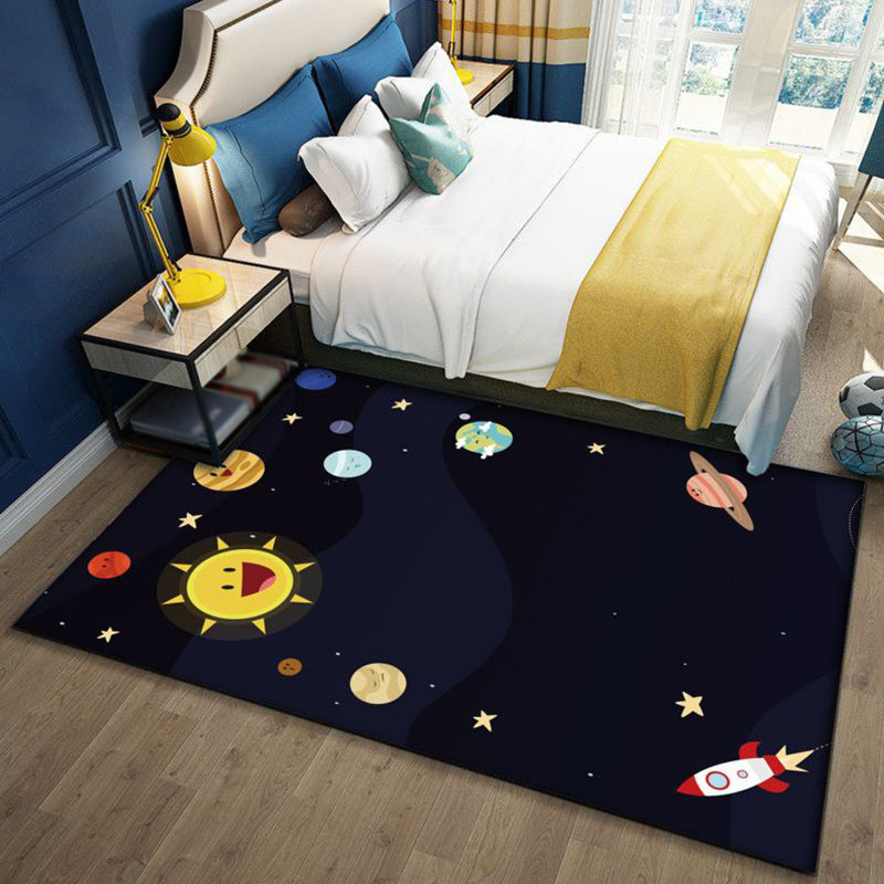 Frendorf | Stylish Outer Space pattern rug blue and black children's rug polyester washable pet-friendly anti-slip rug for children's room