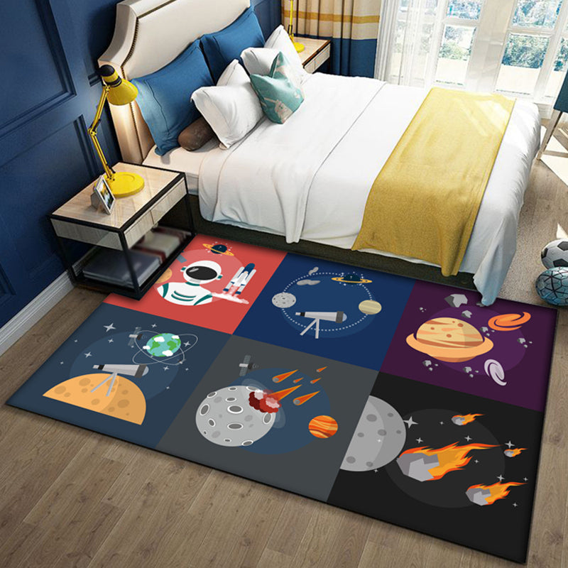 Frendorf | Zwart en Blauwe Kindertapijt Polyester Ruimte en Strand Patroon Tapijt Huisdier Vriendelijk Wasbaar Antislip Ondergrond Vloerkleed voor Decoratie