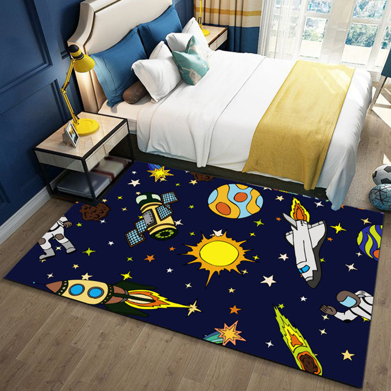 Frendorf | Zwart en Blauwe Kindertapijt Polyester Ruimte en Strand Patroon Tapijt Huisdier Vriendelijk Wasbaar Antislip Ondergrond Vloerkleed voor Decoratie