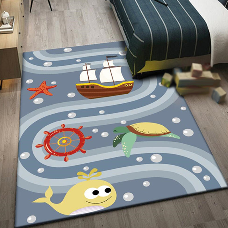 Süßer Wal-Muster-Teppich Blau Kinderteppich Polyester haustierfreundlicher waschbarer Bereichsteppich für das Kinderzimmer