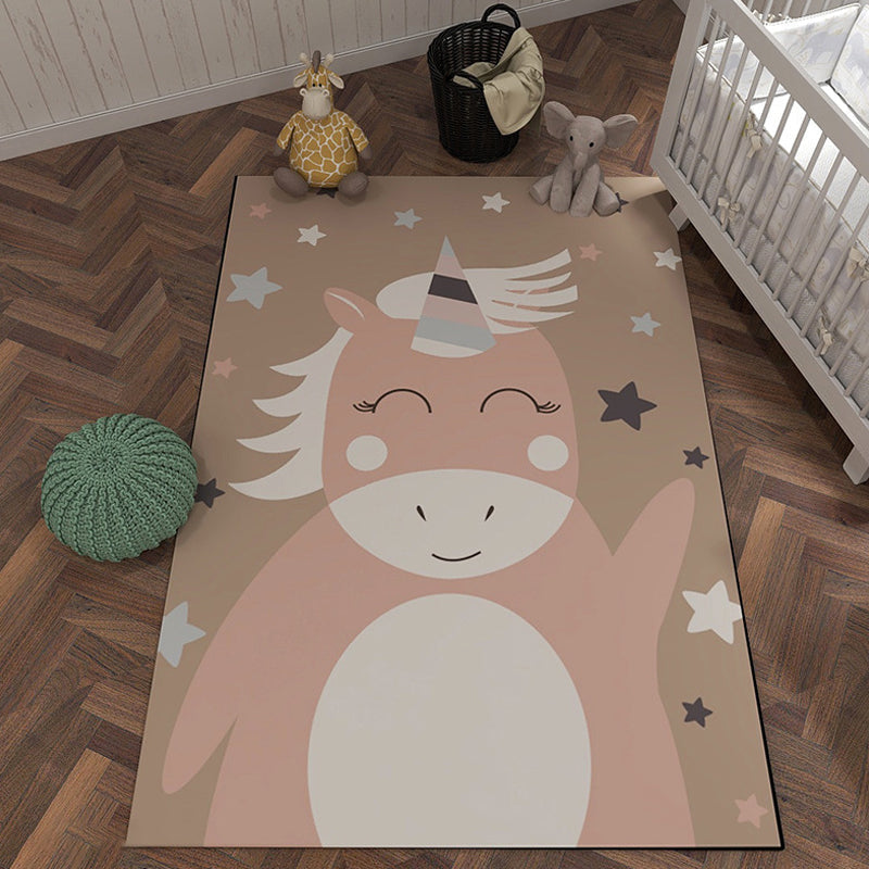 Frendorf | Einzigartiger Cartoon-Tiermuster-Teppich mit Stern Schwarz und Pink Kinderteppich Polyester Waschbar Haustierfreundlich Rutschfester Teppich für Kinderzimmer