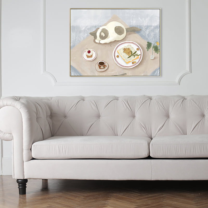Frendorf | Pastel kleur Cartoon Kat Schilderij Textuur Hedendaagse Stijl Eetkamer Wandkunst