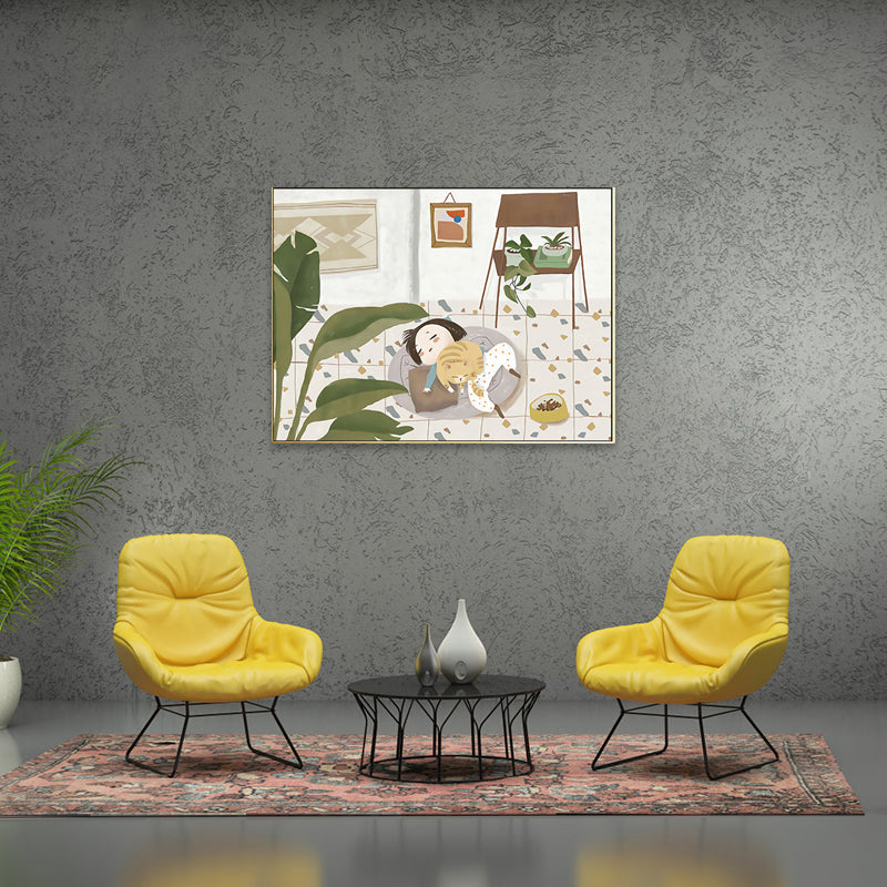 Frendorf | Pastel kleur Cartoon Kat Schilderij Textuur Hedendaagse Stijl Eetkamer Wandkunst