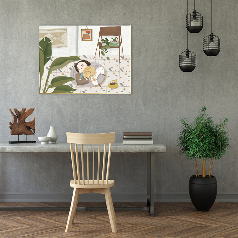 Frendorf | Pastel kleur Cartoon Kat Schilderij Textuur Hedendaagse Stijl Eetkamer Wandkunst