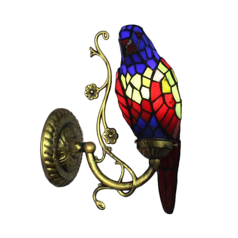 Frendorf | Rustiek Vintage Rode/Blauwe Papegaai Wandlamp Gehard Glas 1 Lichts Wandarmatuur Verlichting in Messing