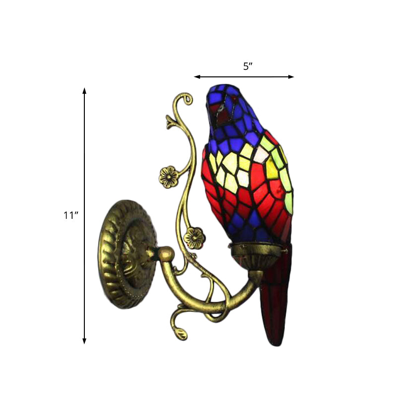 Frendorf | Rustiek Vintage Rode/Blauwe Papegaai Wandlamp Gehard Glas 1 Lichts Wandarmatuur Verlichting in Messing