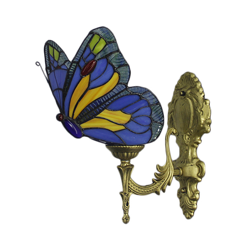 Frendorf | Messing Finish Schmetterling Wandbeleuchtung Fixture Lodge Buntglas 1-Glühbirne Wandbeleuchtung in Rot/Blau