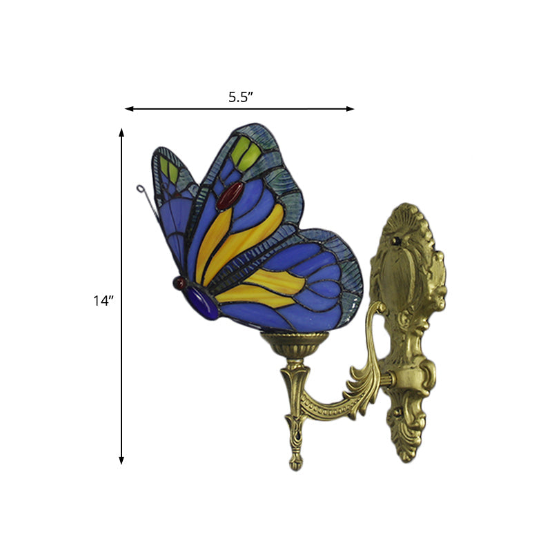 Frendorf | Messing Finish Schmetterling Wandbeleuchtung Fixture Lodge Buntglas 1-Glühbirne Wandbeleuchtung in Rot/Blau