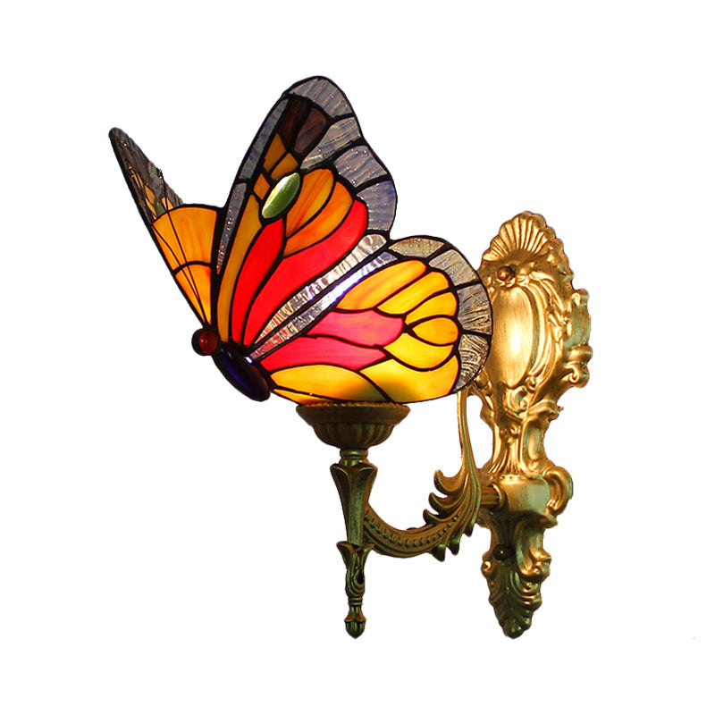 Frendorf | Messing Finish Schmetterling Wandbeleuchtung Fixture Lodge Buntglas 1-Glühbirne Wandbeleuchtung in Rot/Blau