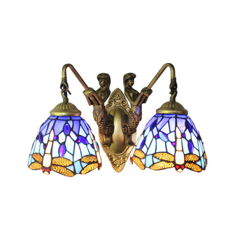 Frendorf | Blauwe Glazen Libelle Wandlamp Tiffany 2 Koppen Messing Wandlamp met/zonder Trekketting