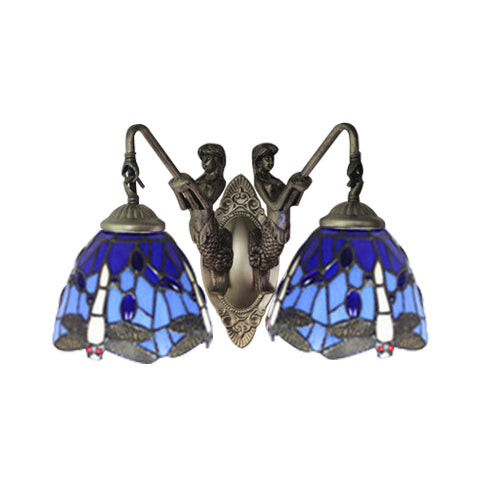 Frendorf | Blauwe Glazen Libelle Wandlamp Tiffany 2 Koppen Messing Wandlamp met/zonder Trekketting