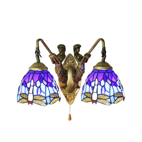 Frendorf | Blauwe Glazen Libelle Wandlamp Tiffany 2 Koppen Messing Wandlamp met/zonder Trekketting