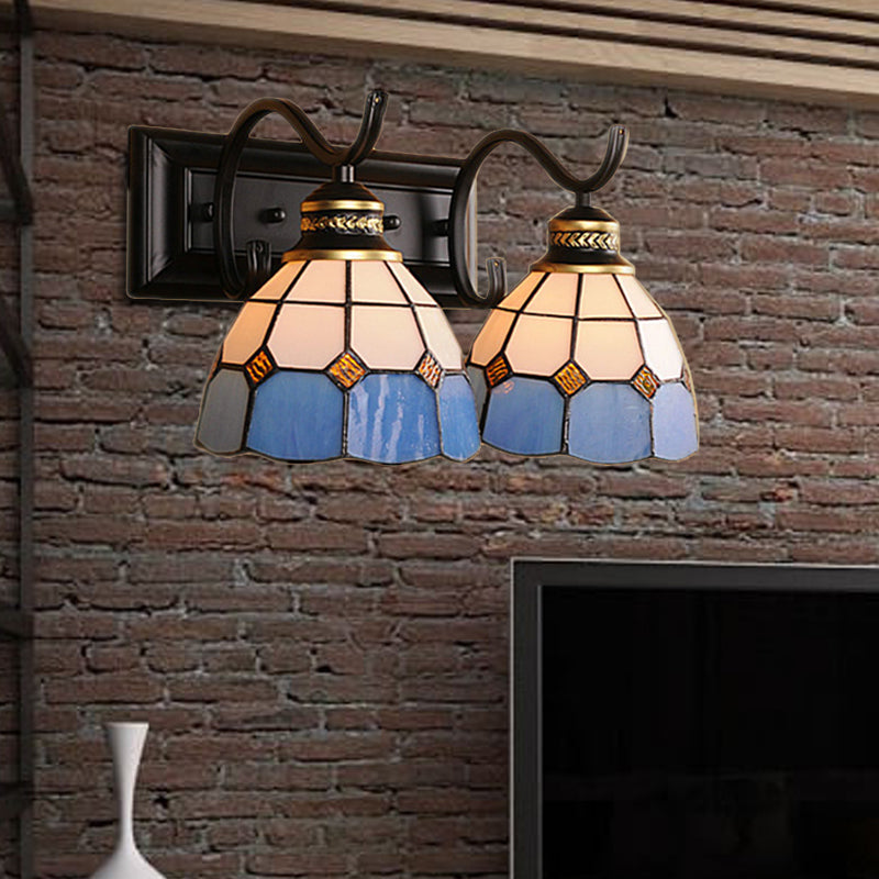 Frendorf | 2 Lichter Gewölbte Wandlampenleuchte Mediterrane Buntglas Vanitätsleuchte in Weiß/Schwarz für das Badezimmer