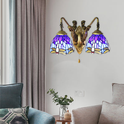 Frendorf | Blauwe Glazen Libelle Wandlamp Tiffany 2 Koppen Messing Wandlamp met/zonder Trekketting