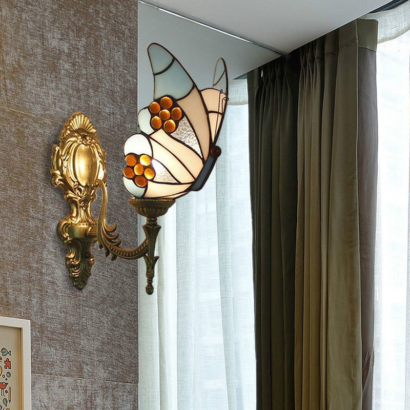 Frendorf | Blaue Schmetterling-Wandleuchte im Lodge-Stil mit Kunstglas 1 Licht Wandleuchte für die Küche