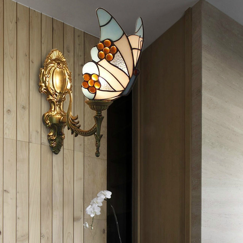 Frendorf | Blaue Schmetterling-Wandleuchte im Lodge-Stil mit Kunstglas 1 Licht Wandleuchte für die Küche
