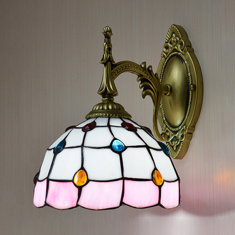 Frendorf | Buntglas-Dom-Wandlichtarmatur mit farbenfrohem Perlen-Tiffany 1 Kopf Wandleuchte in Pink/Orange/Grün/Blau