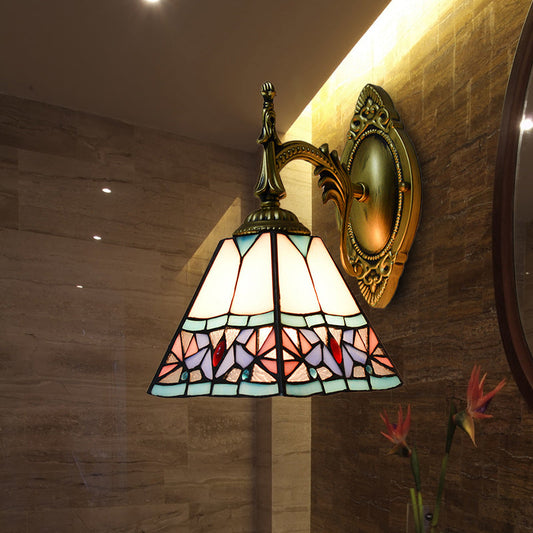 Frendorf | Kegelförmige Wandmontage Licht Buntglas 1 Licht Tiffany Art Deco Wandbeleuchtung in Pink für Schlafzimmer