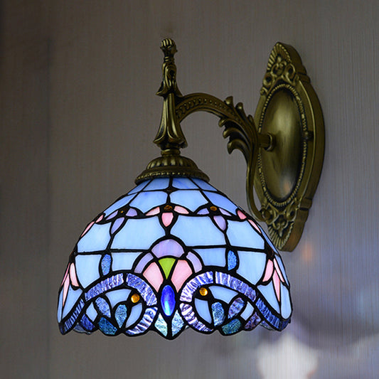 Frendorf | Viktorianische Wandlampe mit Schüsselshade, Glas mit Flecken, 1 Kopf, Wandbeleuchtung in Blau für das Wohnzimmer