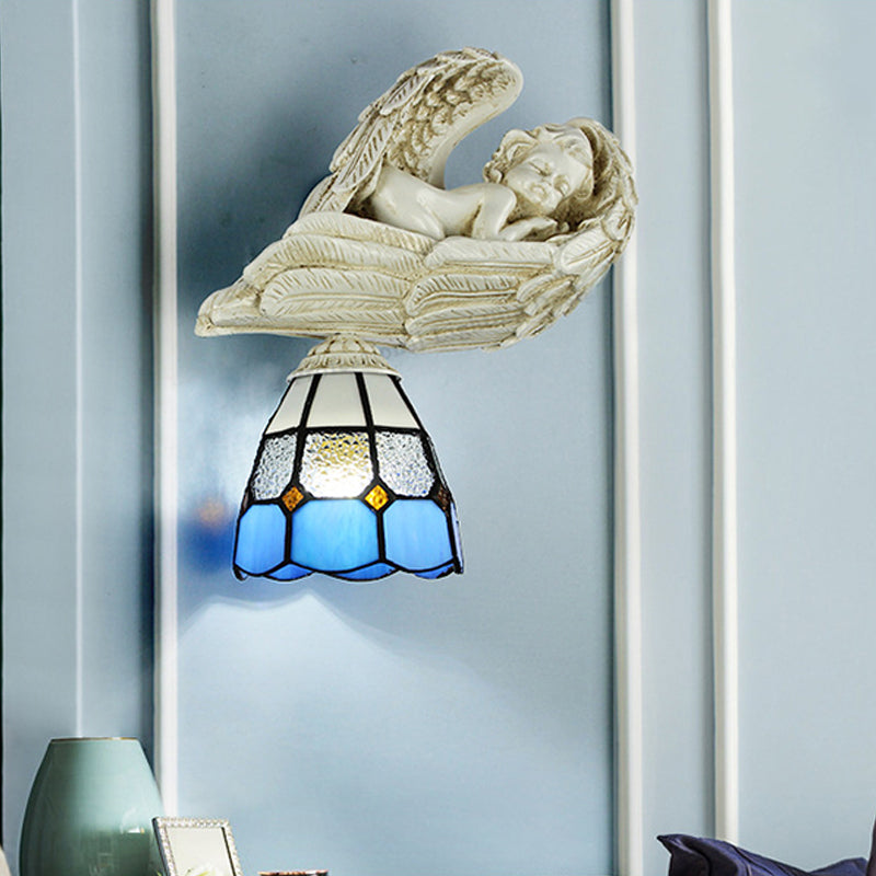 Frendorf | Glas-in-lood Koepel Wandverlichting met Hars Engel Loft Tiffany 1 Lichtsconcelamp in Wit/Helder