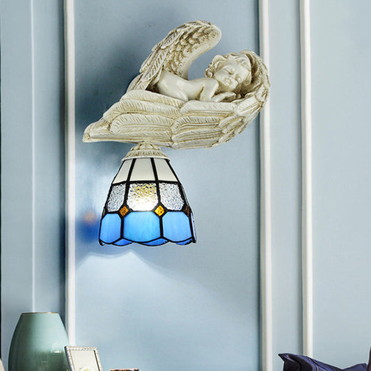 Frendorf | Glas-in-lood Koepel Wandverlichting met Hars Engel Loft Tiffany 1 Lichtsconcelamp in Wit/Helder