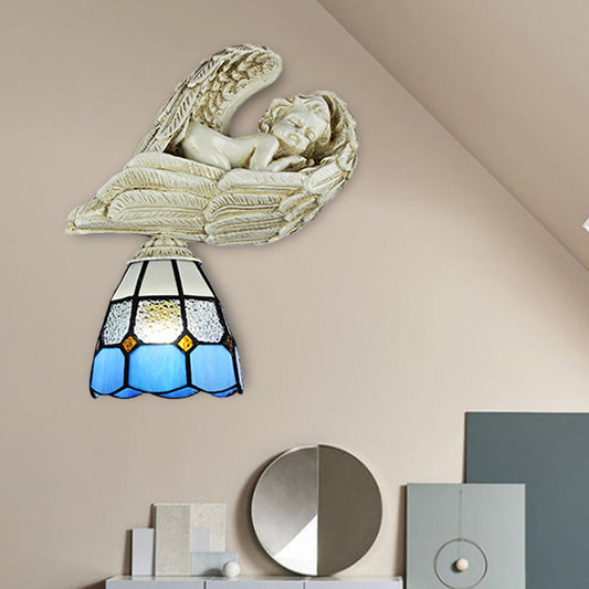 Frendorf | Glas-in-lood Koepel Wandverlichting met Hars Engel Loft Tiffany 1 Lichtsconcelamp in Wit/Helder