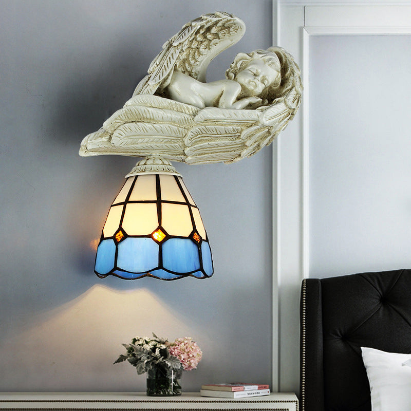 Frendorf | Glas-in-lood Koepel Wandverlichting met Hars Engel Loft Tiffany 1 Lichtsconcelamp in Wit/Helder