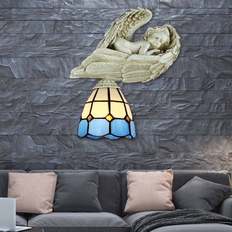 Frendorf | Glas-in-lood Koepel Wandverlichting met Hars Engel Loft Tiffany 1 Lichtsconcelamp in Wit/Helder