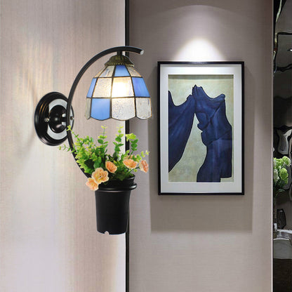 Frendorf | Dome Wandlamp Tiffany Glas-in-lood 1 Kop Blauwe Wandlamp met Bloemdecoratie