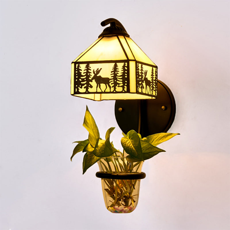 Frendorf | Glas in Lood Huis Wandmontage Licht Tiffany 1 Kop Helder/Beige Wandlamp met Plant Decoratie