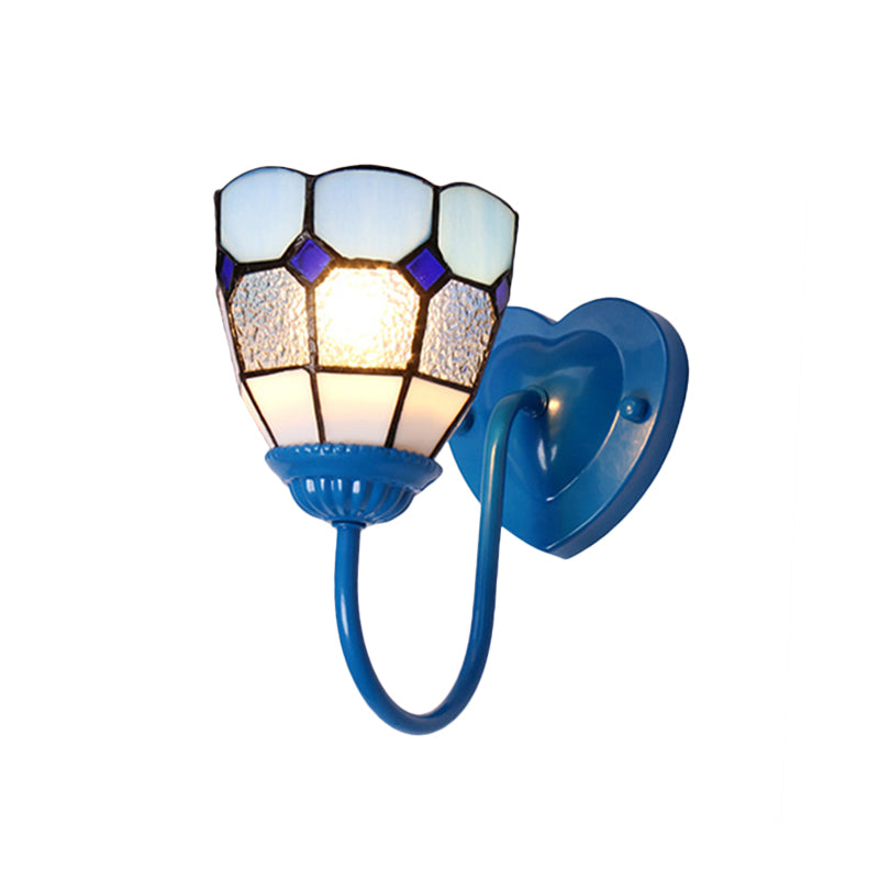 Frendorf | 1 Kopf Badezimmer Wandleuchte Tiffany Blau/Weiß/Antik Messing Wandmontierte Leuchte mit Kuppel-Dimple-Glas-Schirm