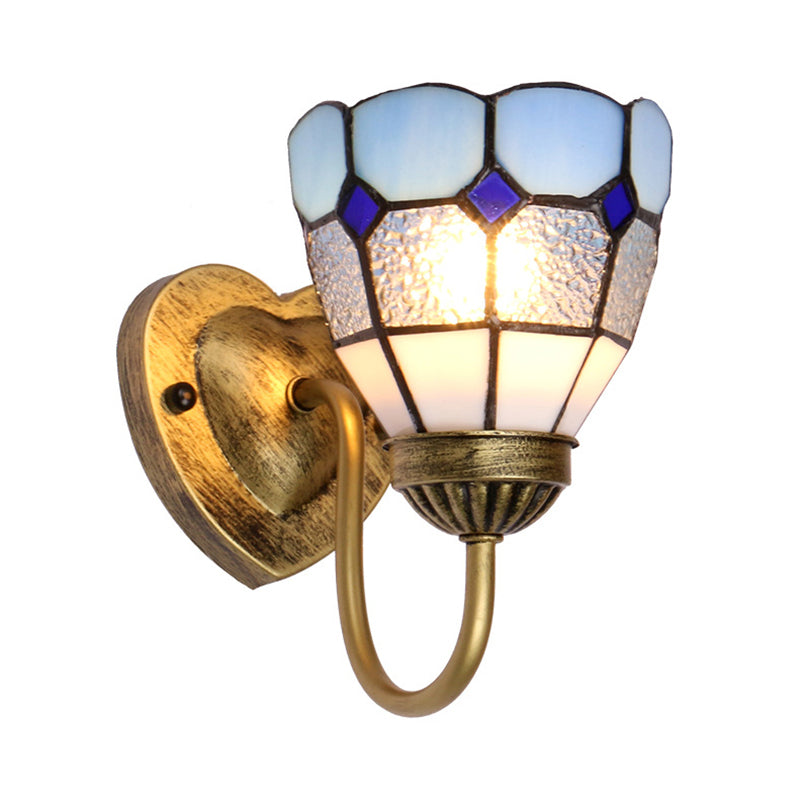Frendorf | 1 Kopf Badezimmer Wandleuchte Tiffany Blau/Weiß/Antik Messing Wandmontierte Leuchte mit Kuppel-Dimple-Glas-Schirm