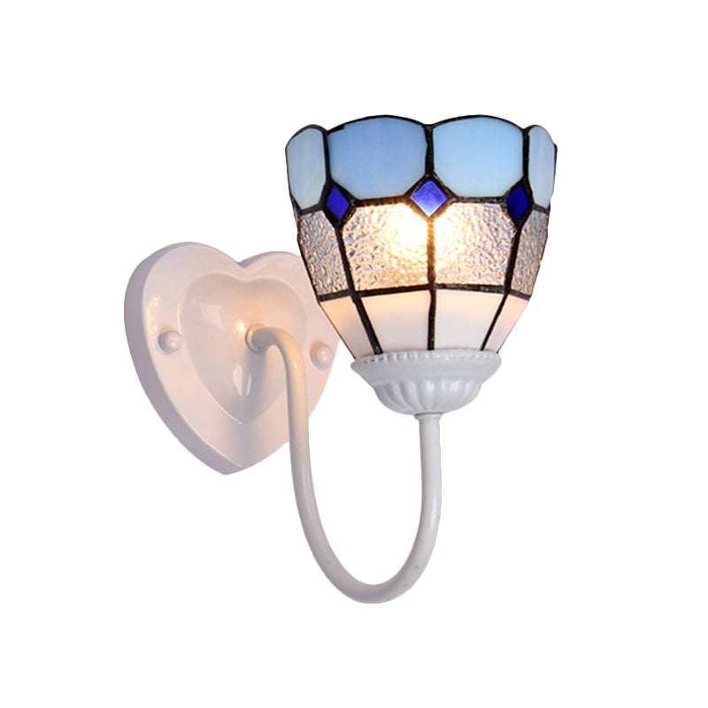 Frendorf | 1 Kopf Badezimmer Wandleuchte Tiffany Blau/Weiß/Antik Messing Wandmontierte Leuchte mit Kuppel-Dimple-Glas-Schirm