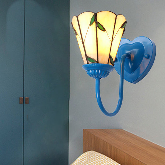 Frendorf | Lily Beige Glass Wandlamp Fixture Tiffany 1 Head Wit/Blauw/Antiek Messing Wandverlichting voor Slaapkamer