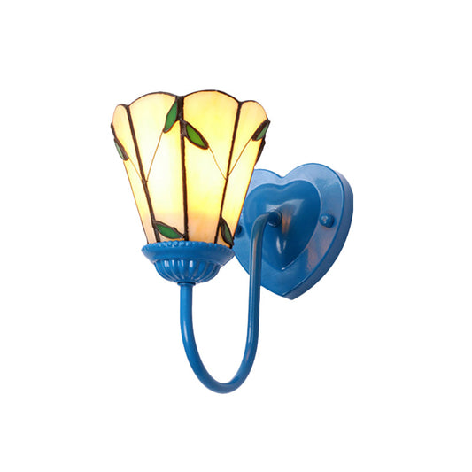 Frendorf | Lily Beige Glass Wandlamp Fixture Tiffany 1 Head Wit/Blauw/Antiek Messing Wandverlichting voor Slaapkamer