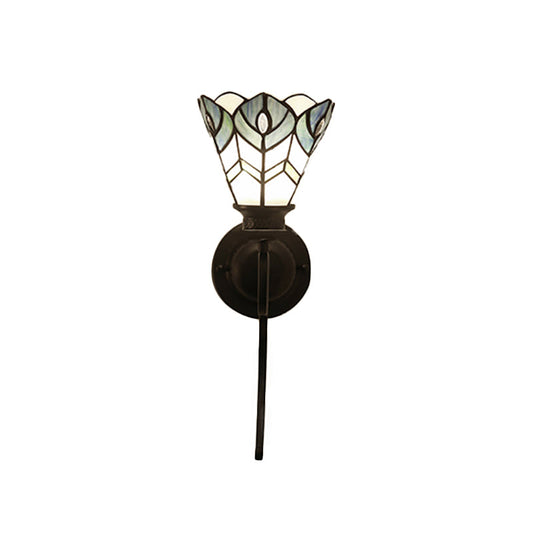 Frendorf | Blauwe Scalloped Wandmontage Fixture met Gebogen/Boogarm Tiffany Stijl Gevelaufschitterend Glas 1 Licht Wandmontage Fixture voor Slaapkamer