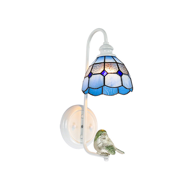 Frendorf | 1 Kopf Schlafzimmer Wandlicht Mediterran Blau-Weiß/Beige/Blaue-Klar Wandleuchte mit Kegel/Dome Buntglasschirm