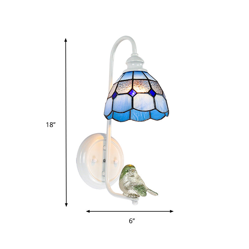 Frendorf | 1 Kopf Schlafzimmer Wandlicht Mediterran Blau-Weiß/Beige/Blaue-Klar Wandleuchte mit Kegel/Dome Buntglasschirm