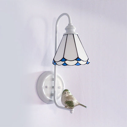 Frendorf | 1 Kopf Schlafzimmer Wandlicht Mediterran Blau-Weiß/Beige/Blaue-Klar Wandleuchte mit Kegel/Dome Buntglasschirm