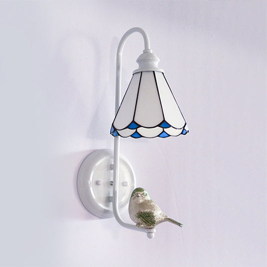 Frendorf | 1 Kopf Schlafzimmer Wandlicht Mediterran Blau-Weiß/Beige/Blaue-Klar Wandleuchte mit Kegel/Dome Buntglasschirm