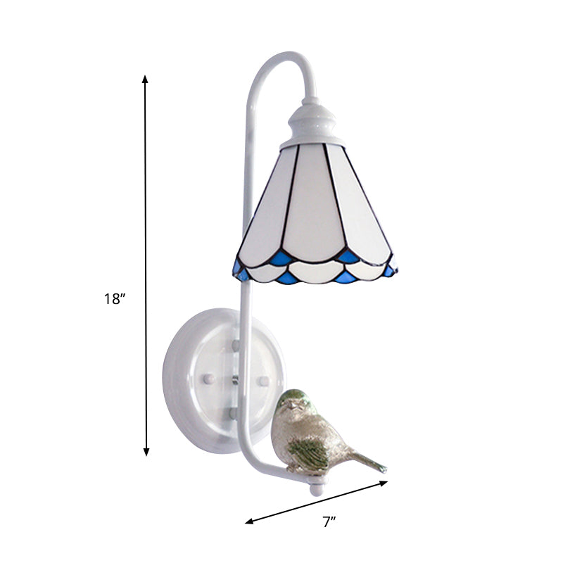 Frendorf | 1 Kopf Schlafzimmer Wandlicht Mediterran Blau-Weiß/Beige/Blaue-Klar Wandleuchte mit Kegel/Dome Buntglasschirm